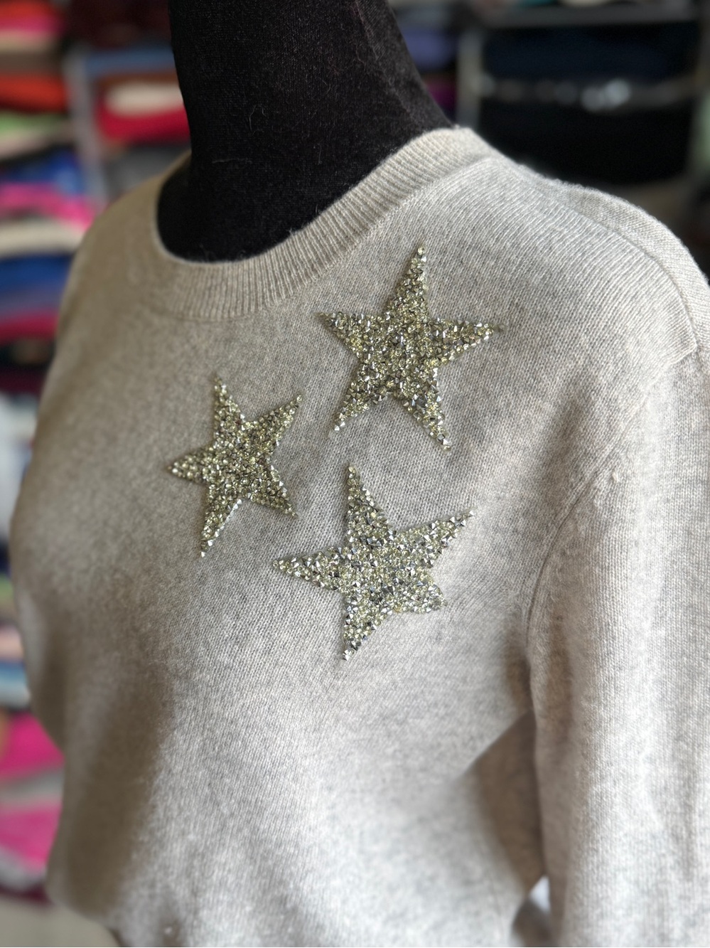 Bloomingdale's Light Beige Cashmere Crewneck Sweater with Silver Glitter Stars